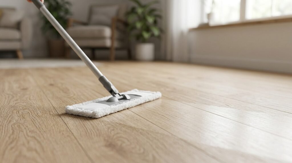 Microfiber flat mop cleaning laminate floor without streaks or film