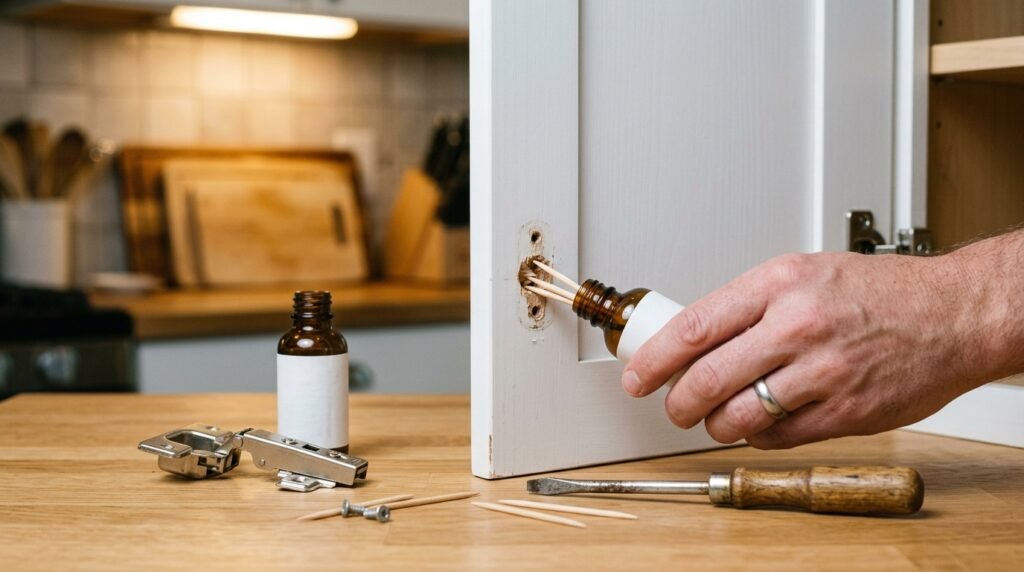 Repairing a loose cabinet hinge screw hole with wood glue and toothpicks