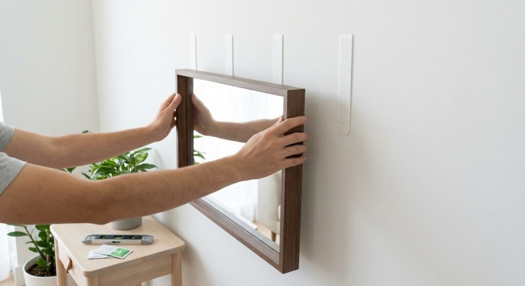 Hanging a large framed mirror on a wall using adhesive strips instead of drilling