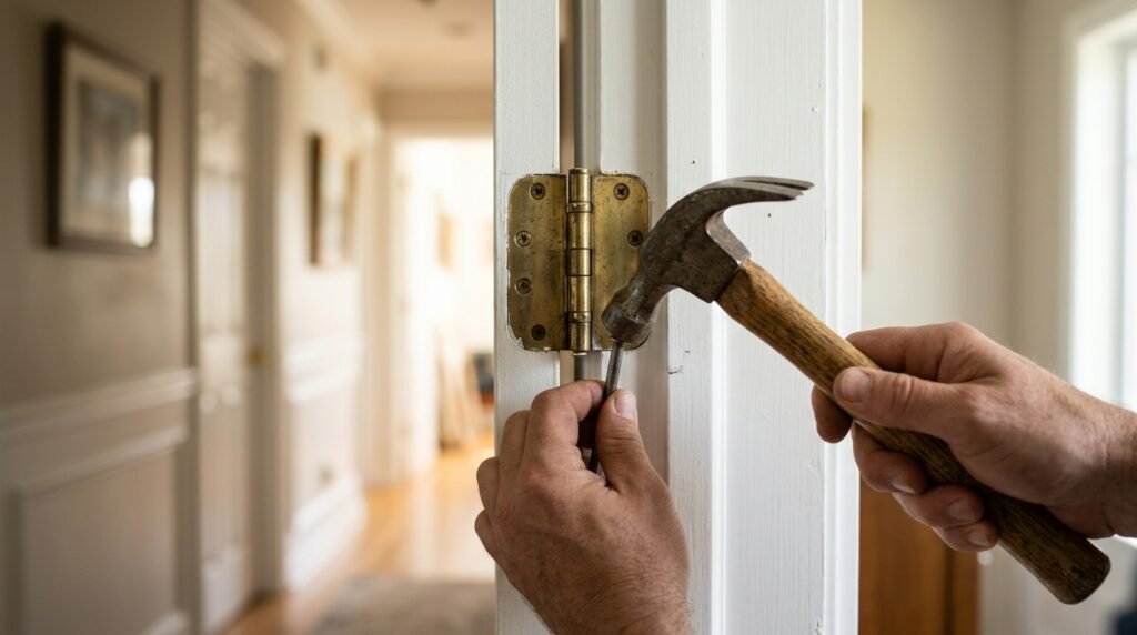 Tapping a hinge pin out of an interior door hinge to fix a door that won't stay open
