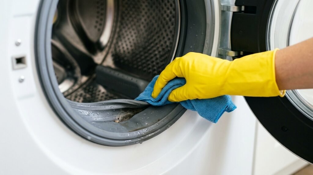 Open front load washer with door ajar being cleaned to remove musty smell