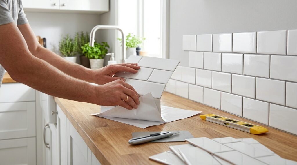 Installing a peel-and-stick subway tile backsplash in a rental kitchen