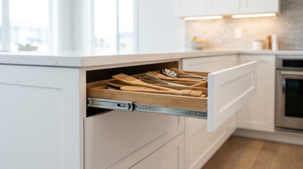 Kitchen drawer sliding open by itself in a modern white kitchen