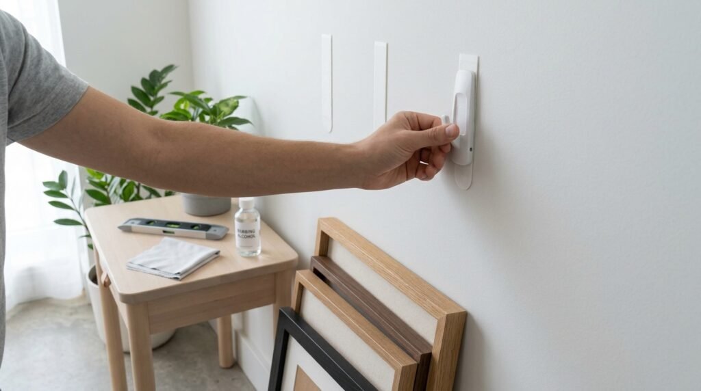 Pressing a heavy-duty adhesive hook onto a clean painted wall before hanging