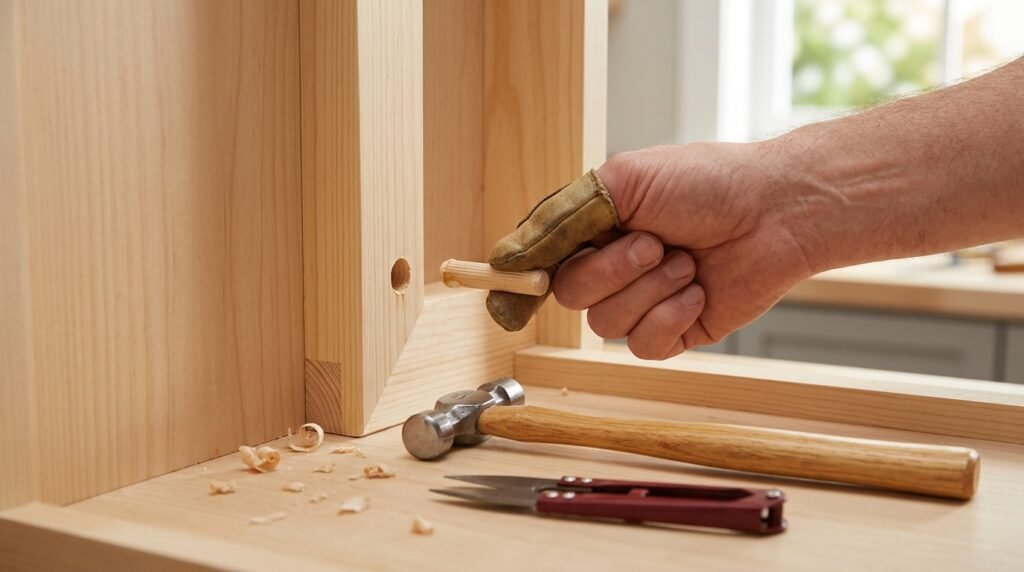 Gluing a small hardwood dowel into a drilled-out cabinet hinge screw hole