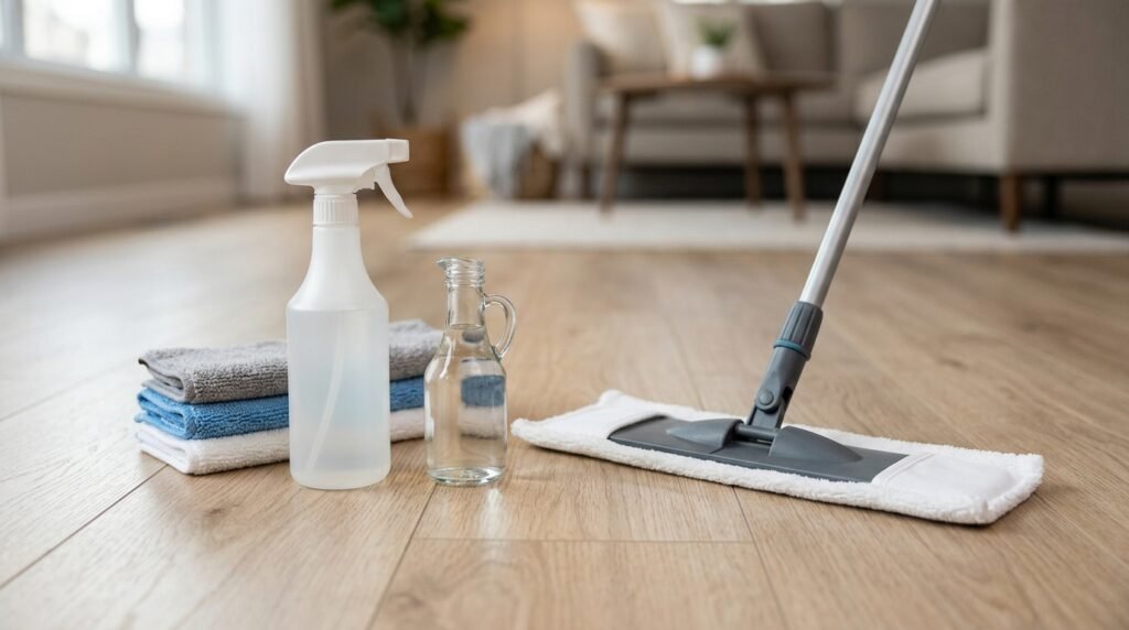 Spray bottle of vinegar solution and microfiber pads for cleaning laminate floors