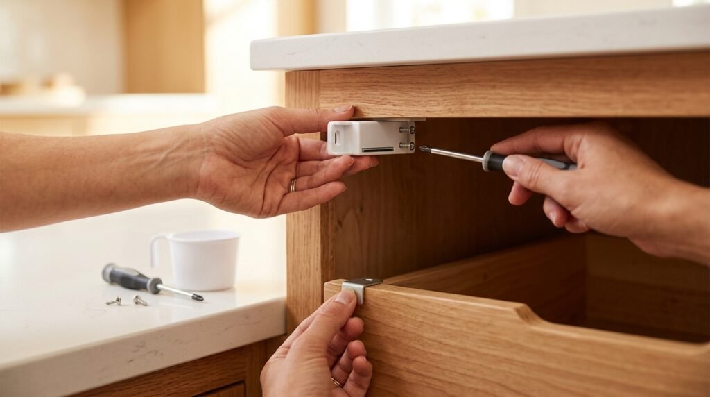 Installing a small magnetic catch inside a wooden drawer to stop it sliding open