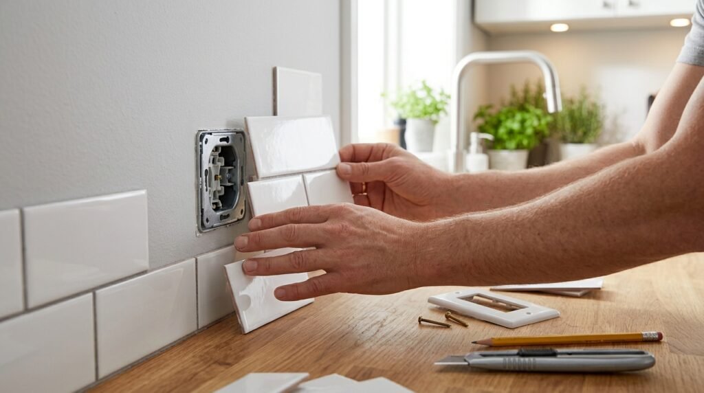 Cutting peel-and-stick backsplash tile to fit around an electrical outlet