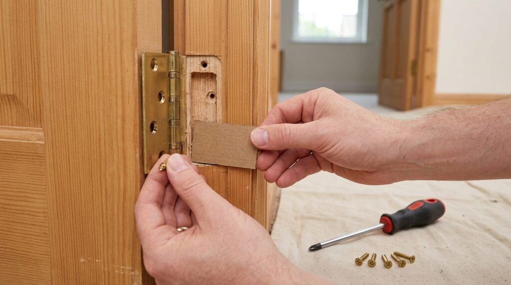 Placing a thin cardboard shim behind a door hinge leaf to stop the door swinging shut