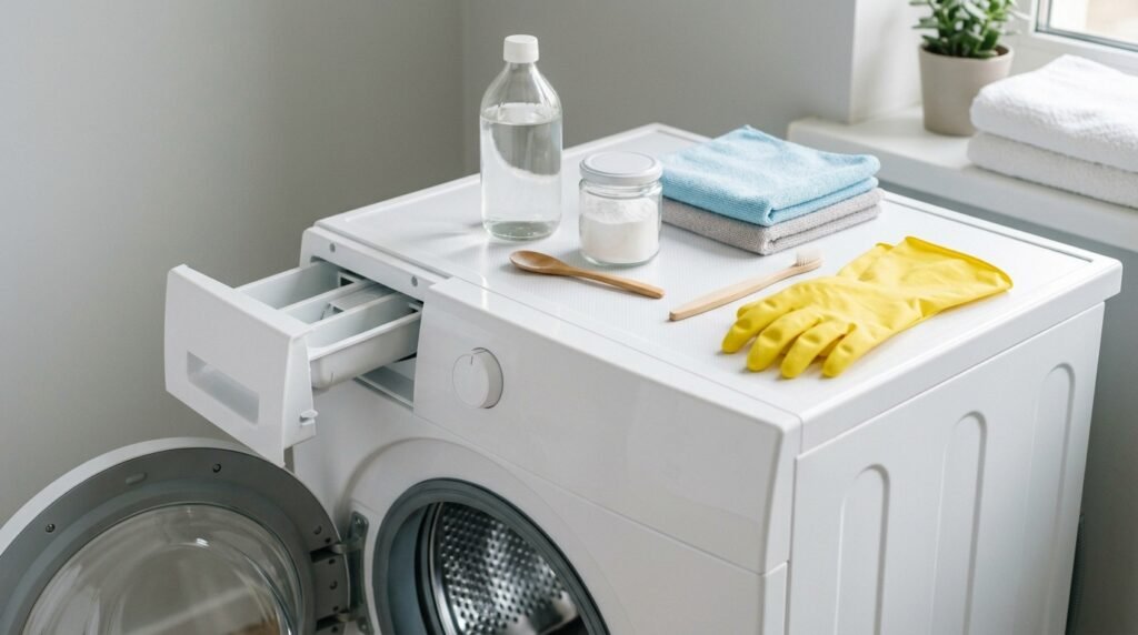 White vinegar, baking soda, toothbrush, and cloths for cleaning a musty front load washer