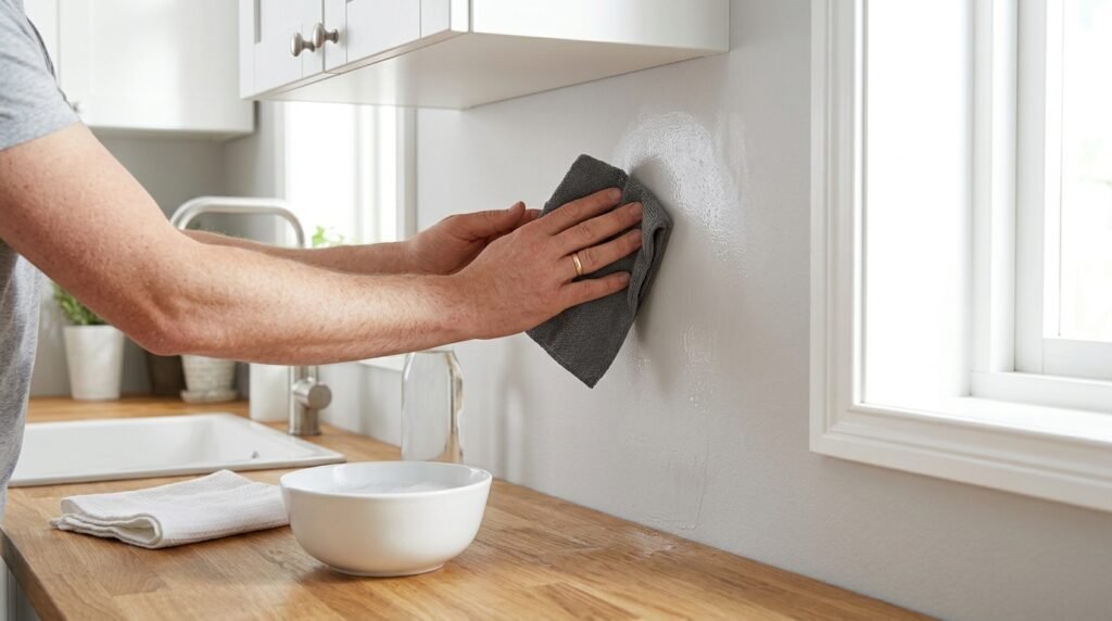Degreasing a kitchen wall before installing a renter friendly peel-and-stick backsplash