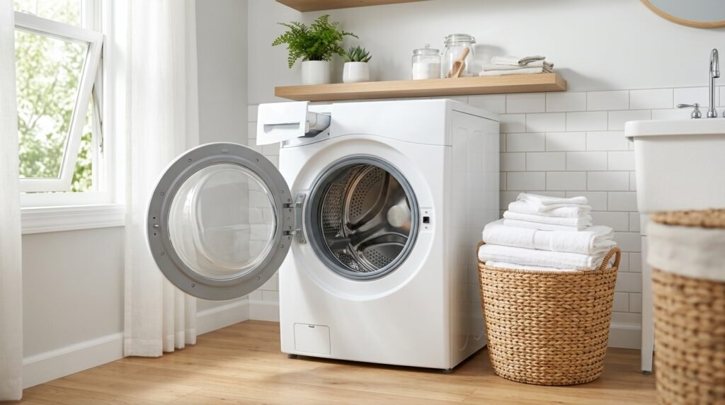 Fresh clean front load washer with door left open between loads to prevent musty smell