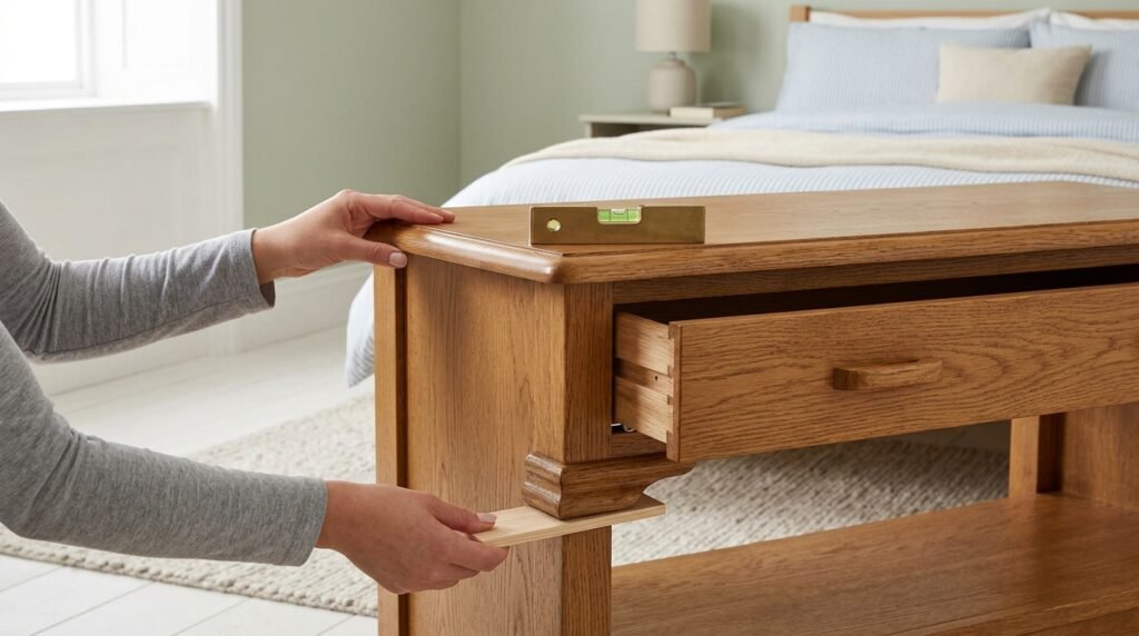 Checking a dresser with a spirit level while sliding a wooden shim under the front edge