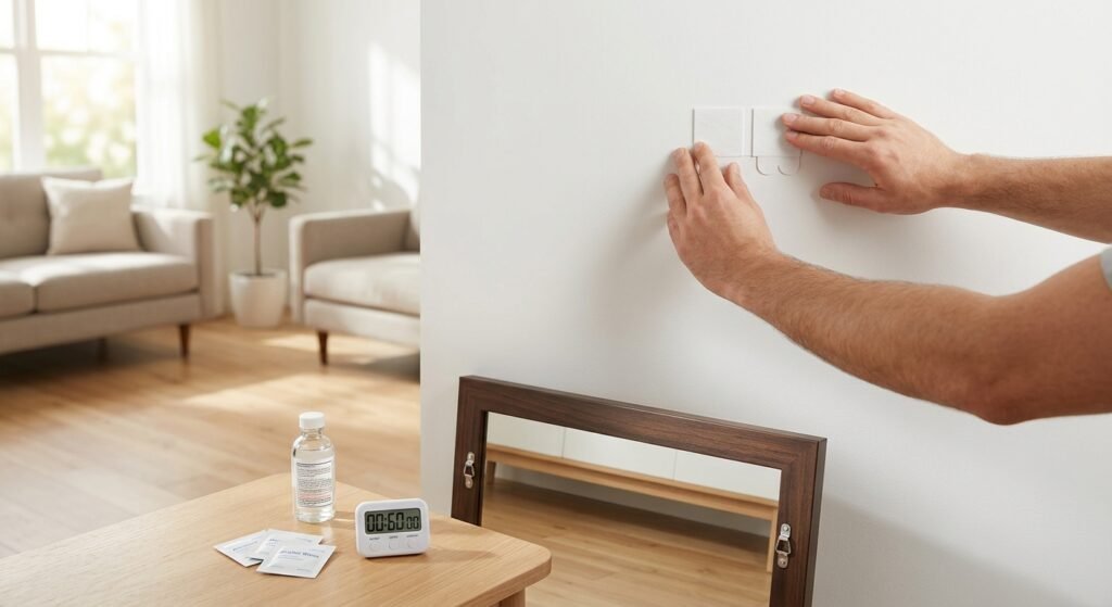 Pressing adhesive strips firmly onto a clean painted wall for no-drill hanging