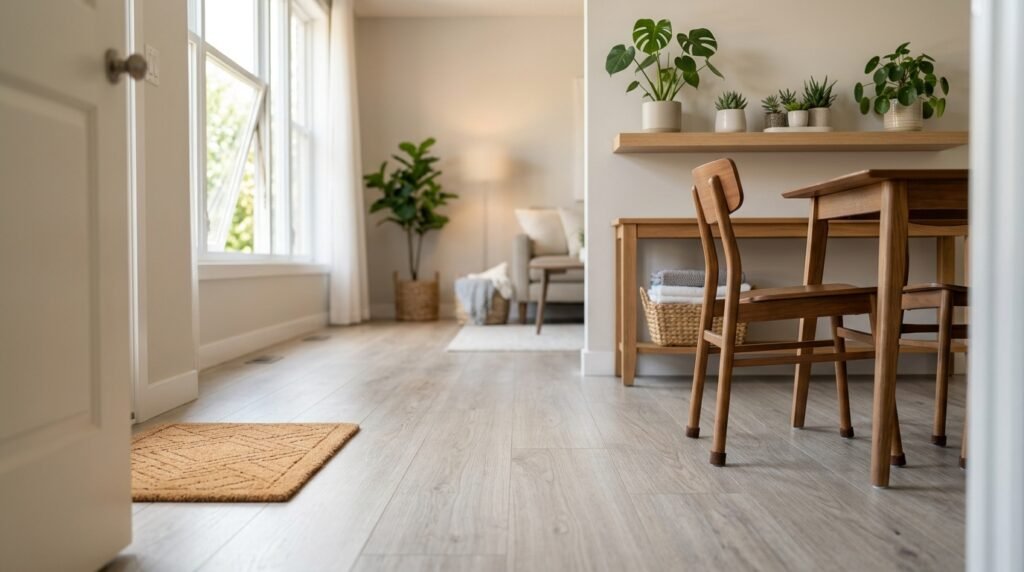 Clean streak-free laminate floor reflecting soft light in a bright living room
