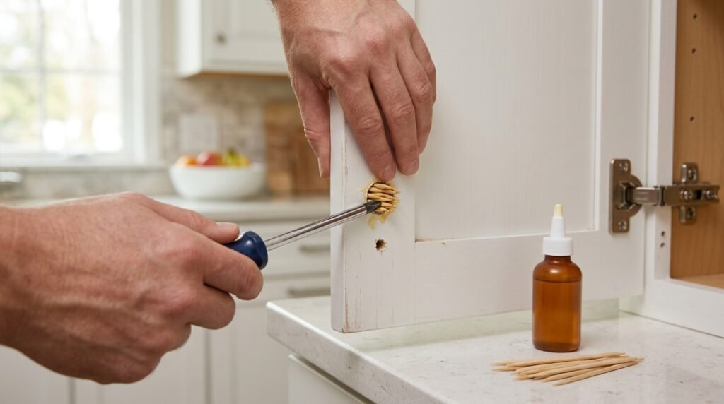 Packing a loose cabinet hinge screw hole with glued toothpicks before reinstalling the screw