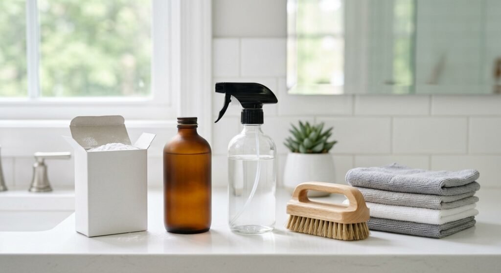 Bleach-free grout cleaning supplies — baking soda, hydrogen peroxide bottle, vinegar, and grout brush