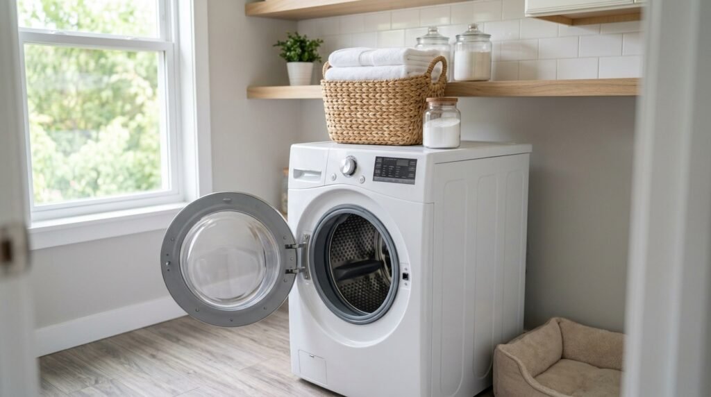 Clean front load washer with door left ajar and spotless rubber seal, pet-friendly laundry room