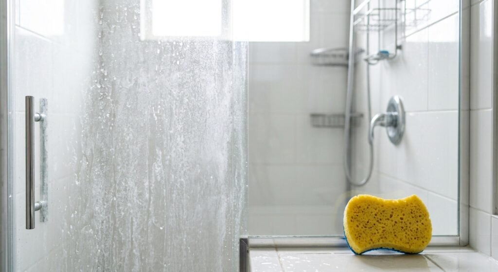 Half-cleaned glass shower door showing cloudy hard water buildup next to clear glass