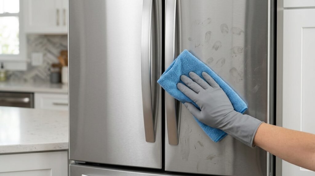 Wiping grease off a stainless steel fridge door with a microfiber cloth along the grain