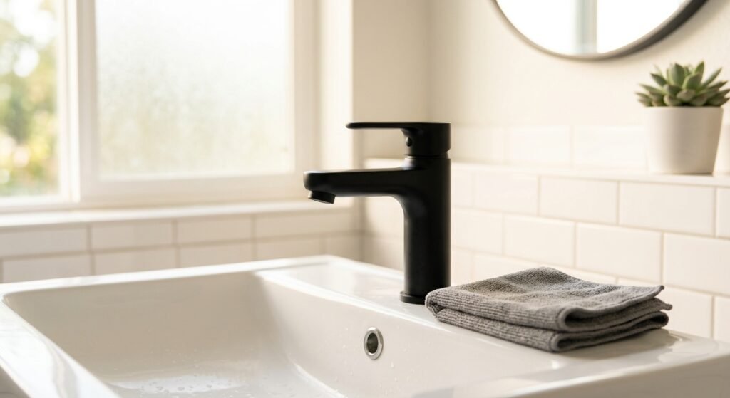 Spotless matte black faucet after removing hard water stains, buffed dry with microfiber cloth