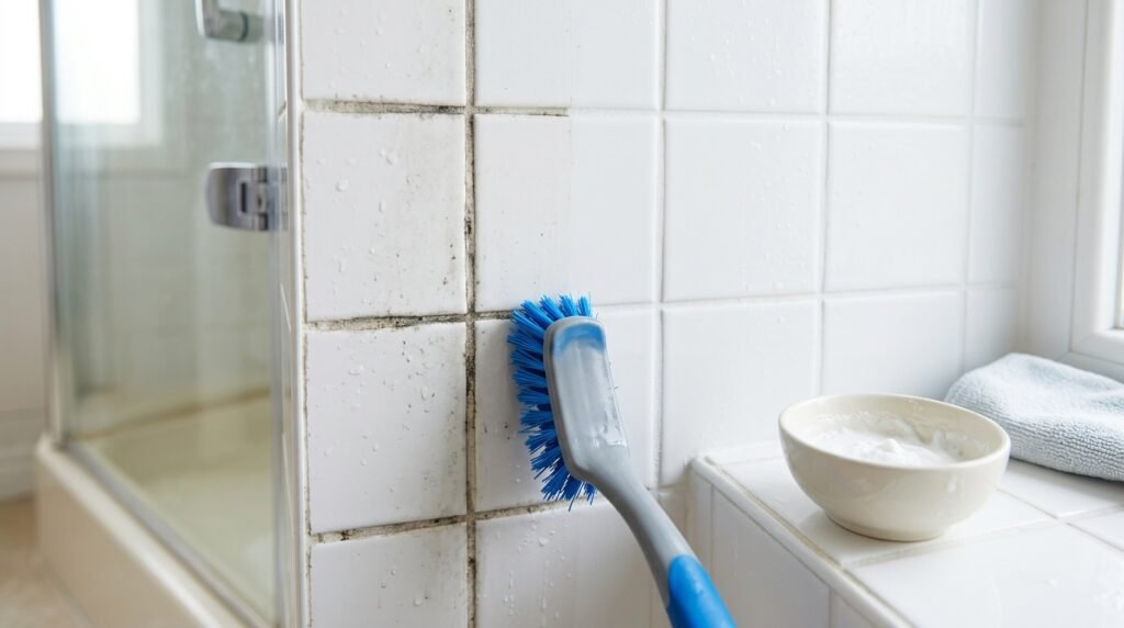 White shower tile with dirty grout lines being cleaned without bleach using a scrub brush and baking soda paste
