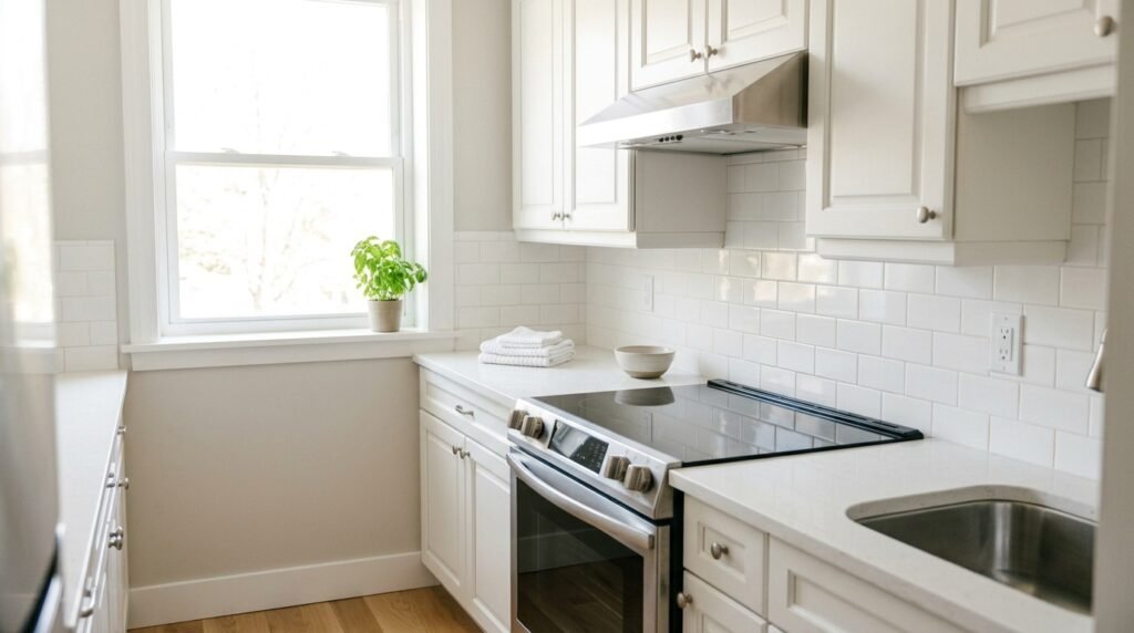 Clean grease-free white painted kitchen cabinets above a stove with range hood