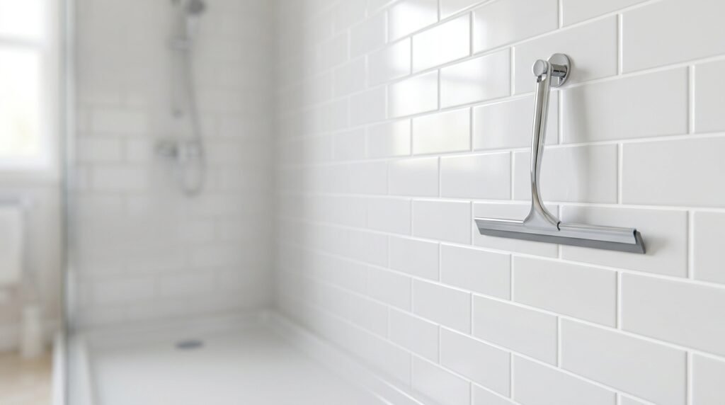 Sparkling clean shower grout lines on white subway tile after bleach-free cleaning
