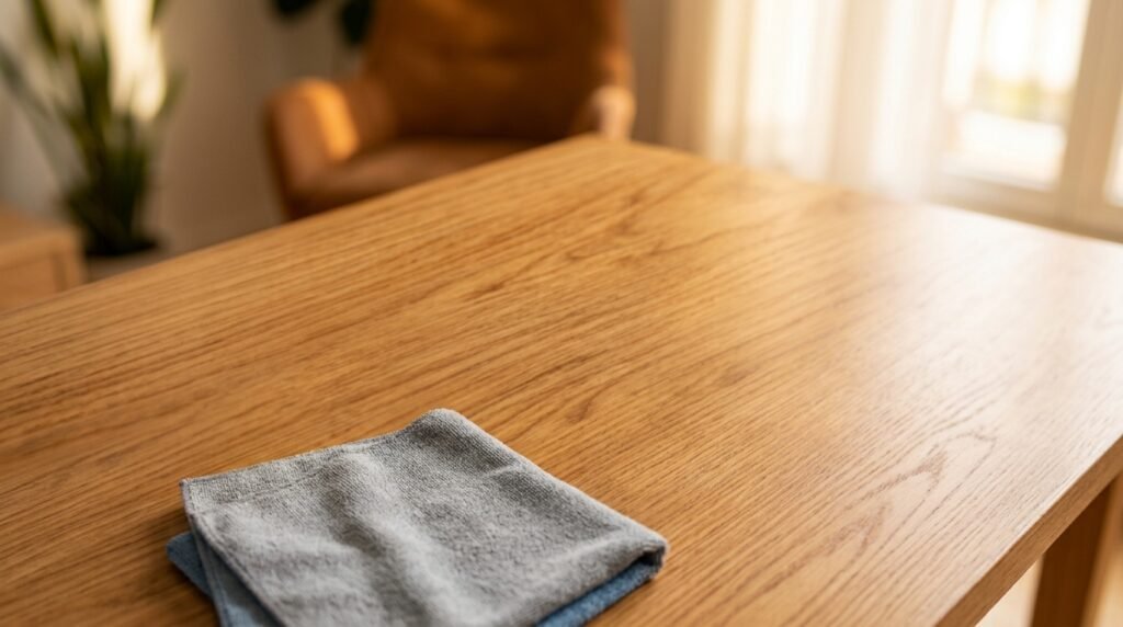 Smooth clean wood tabletop after sticker residue removed, finish intact and glossy