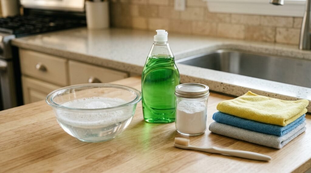 Gentle supplies for degreasing painted cabinets — dish soap, baking soda, microfiber cloths, and soft brush