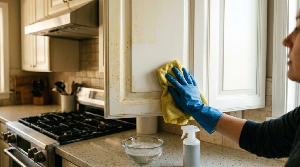 Wiping cooking grease off white painted kitchen cabinets with a microfiber cloth and soapy water