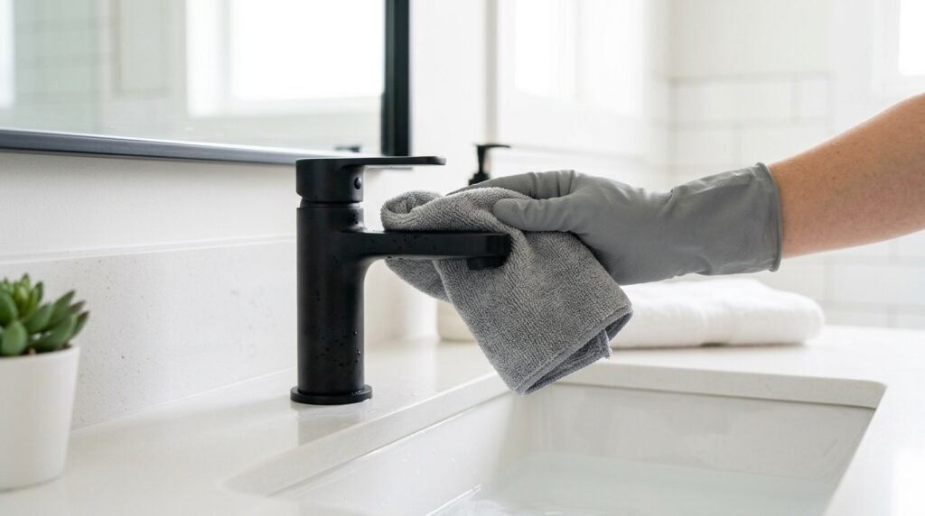 Cleaning a matte black bathroom faucet with a gray microfiber cloth