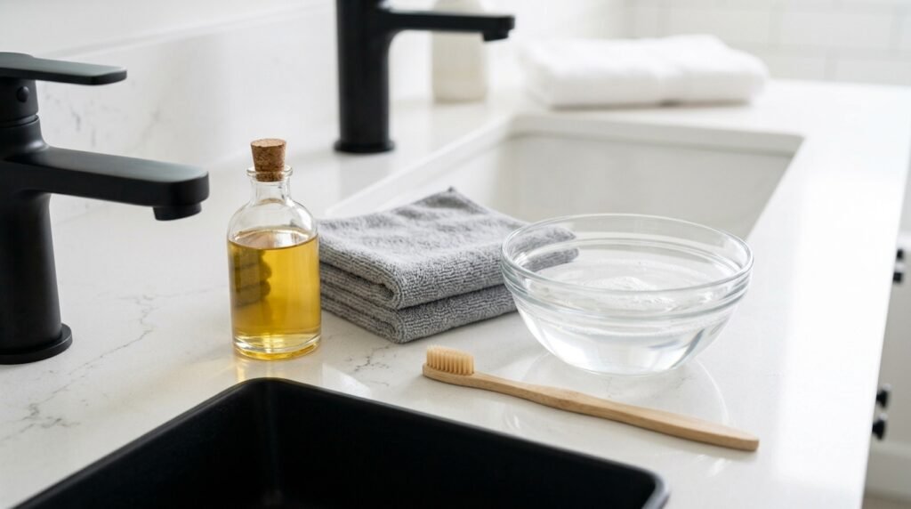 Safe cleaning supplies for matte black fixtures: dish soap, microfiber cloths, and soft toothbrush