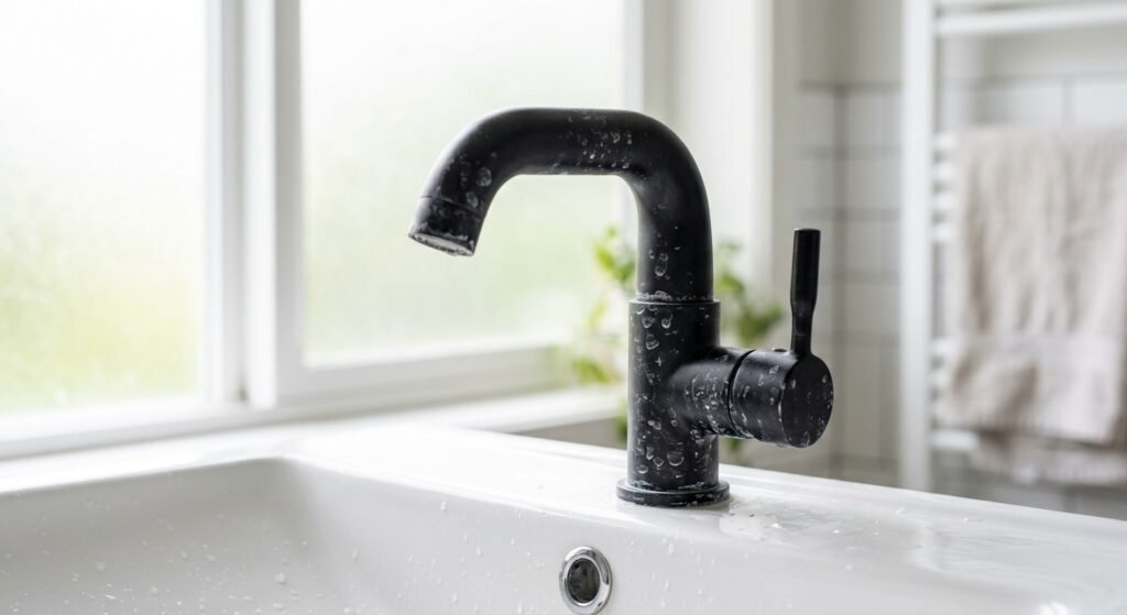 Matte black bathroom faucet with white hard water spots on the spout, before cleaning