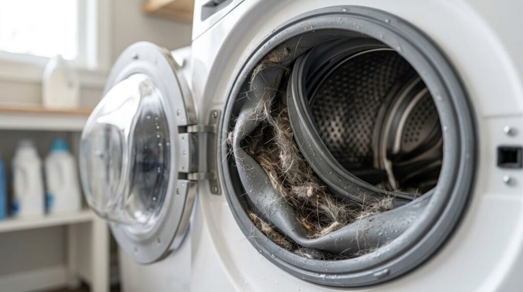 Pet hair and lint trapped in a front load washing machine rubber door seal