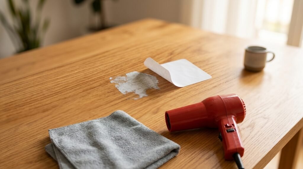 Sticker residue on a wooden table surface before removal, with hair dryer and cloth nearby