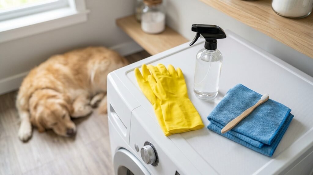 Rubber gloves, vinegar spray, cloth, and toothbrush for cleaning pet hair from washer gasket