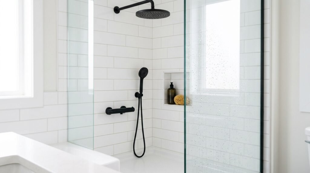 Spotless matte black shower head and tap in a clean modern bathroom