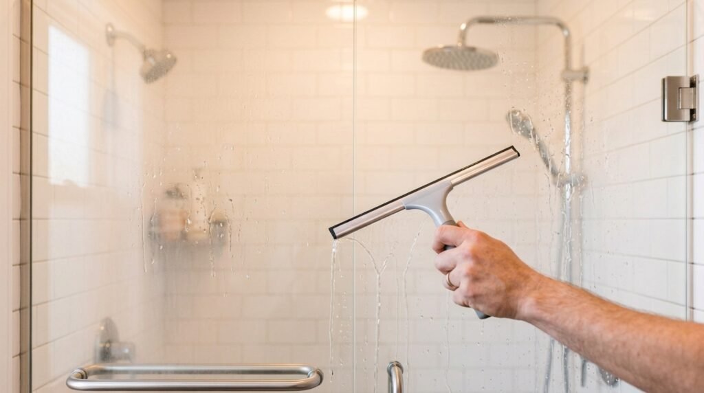 Squeegee wiping water off a clear glass shower door after showering