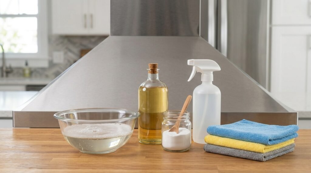 Dish soap, baking soda, vinegar spray, and microfiber cloths for degreasing stainless steel