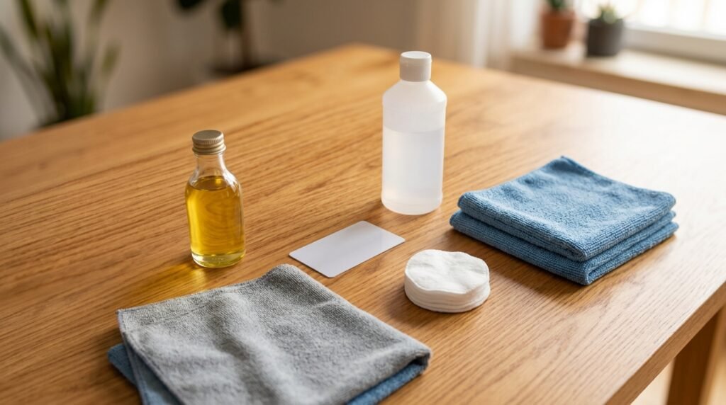 Supplies to remove sticker residue from wood — oil, plastic card scraper, rubbing alcohol, and microfiber cloth
