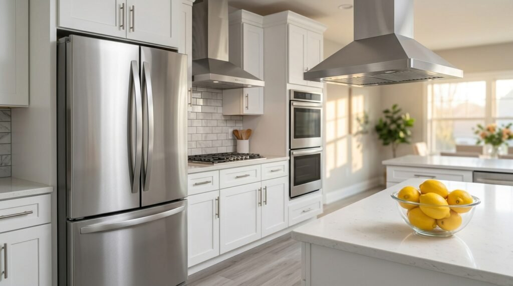 Streak-free stainless steel appliances in a clean kitchen after degreasing