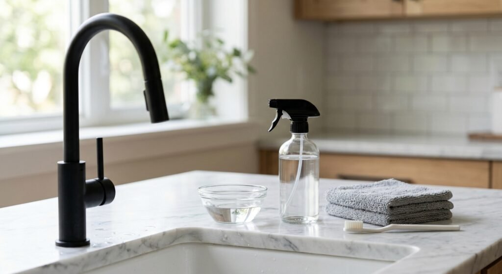 White vinegar, spray bottle, and microfiber cloths next to a black faucet ready for cleaning hard water stains