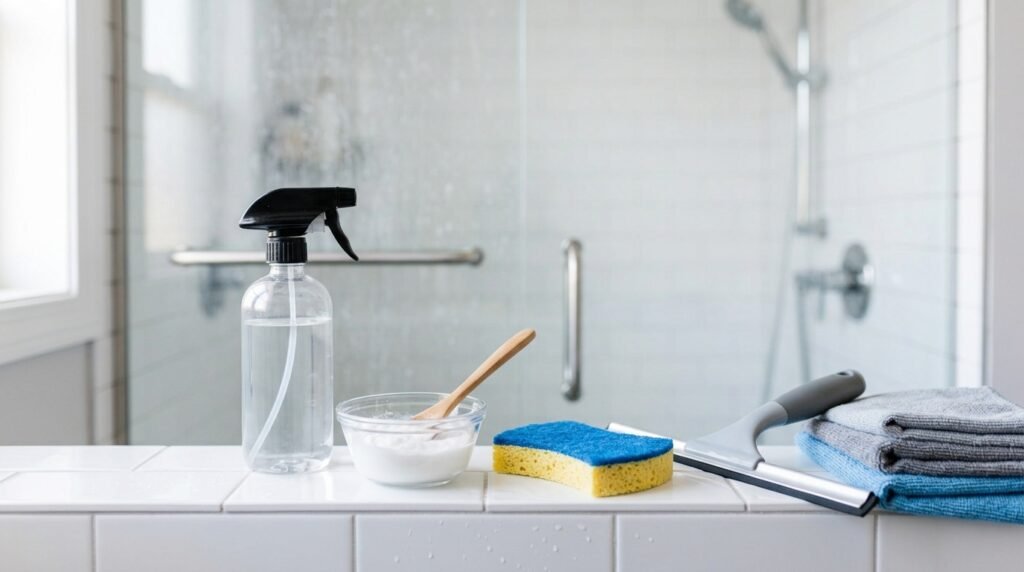 Spray bottle of vinegar solution, baking soda, sponge, and squeegee for cleaning shower glass