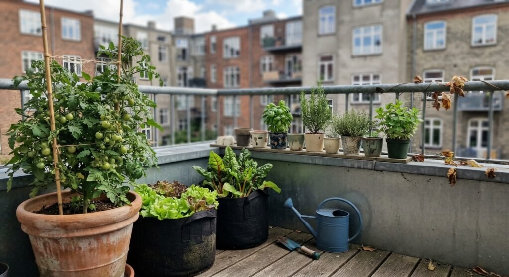 Small apartment balcony vegetable garden for beginners with pots of tomatoes, lettuce, and herbs