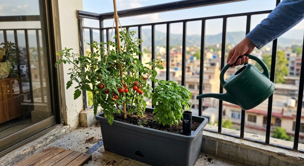 Self watering planter with fill tube on a balcony, showing whether self watering planters are worth it