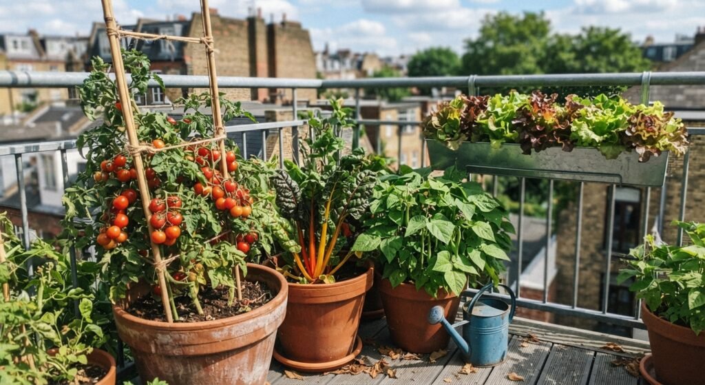 Best vegetables for container gardening growing in pots on a small balcony