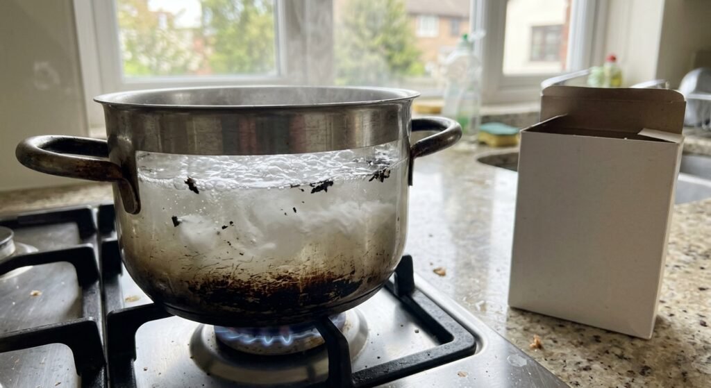 Burnt pot soaking with baking soda water on a stove before being cleaned without scrubbing