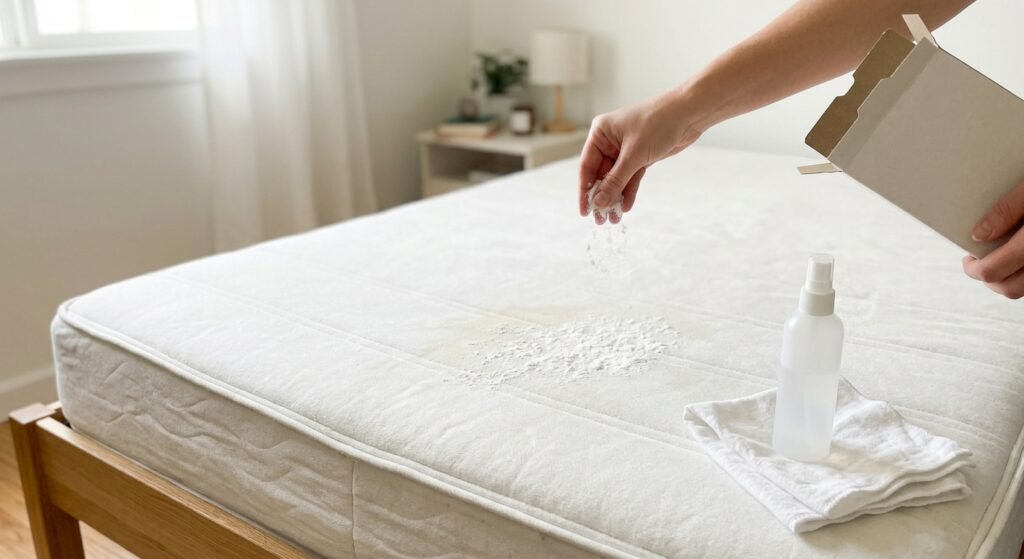 Sprinkling baking soda over mattress stains on a stripped bed to clean them