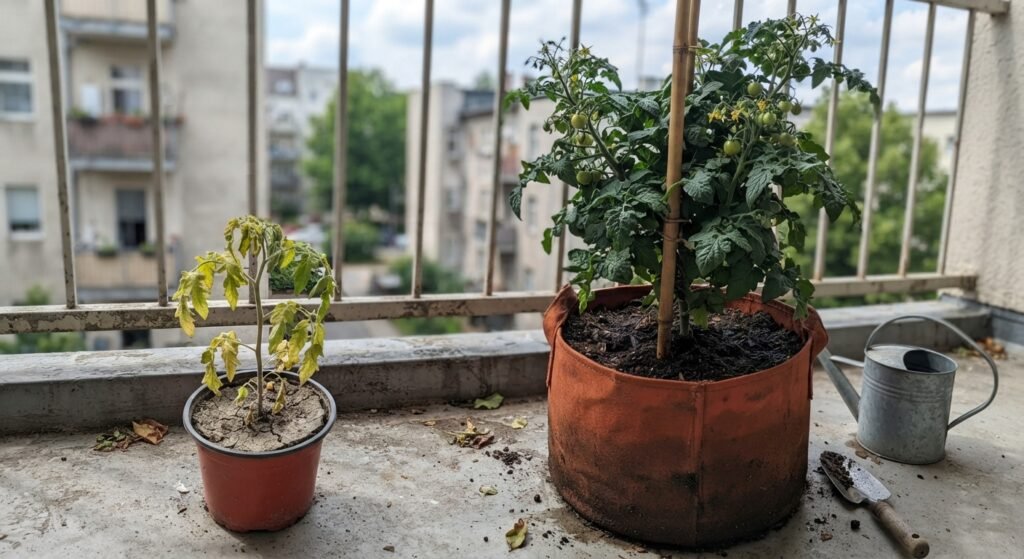 Common container gardening mistakes shown by struggling plants in small pots on a balcony
